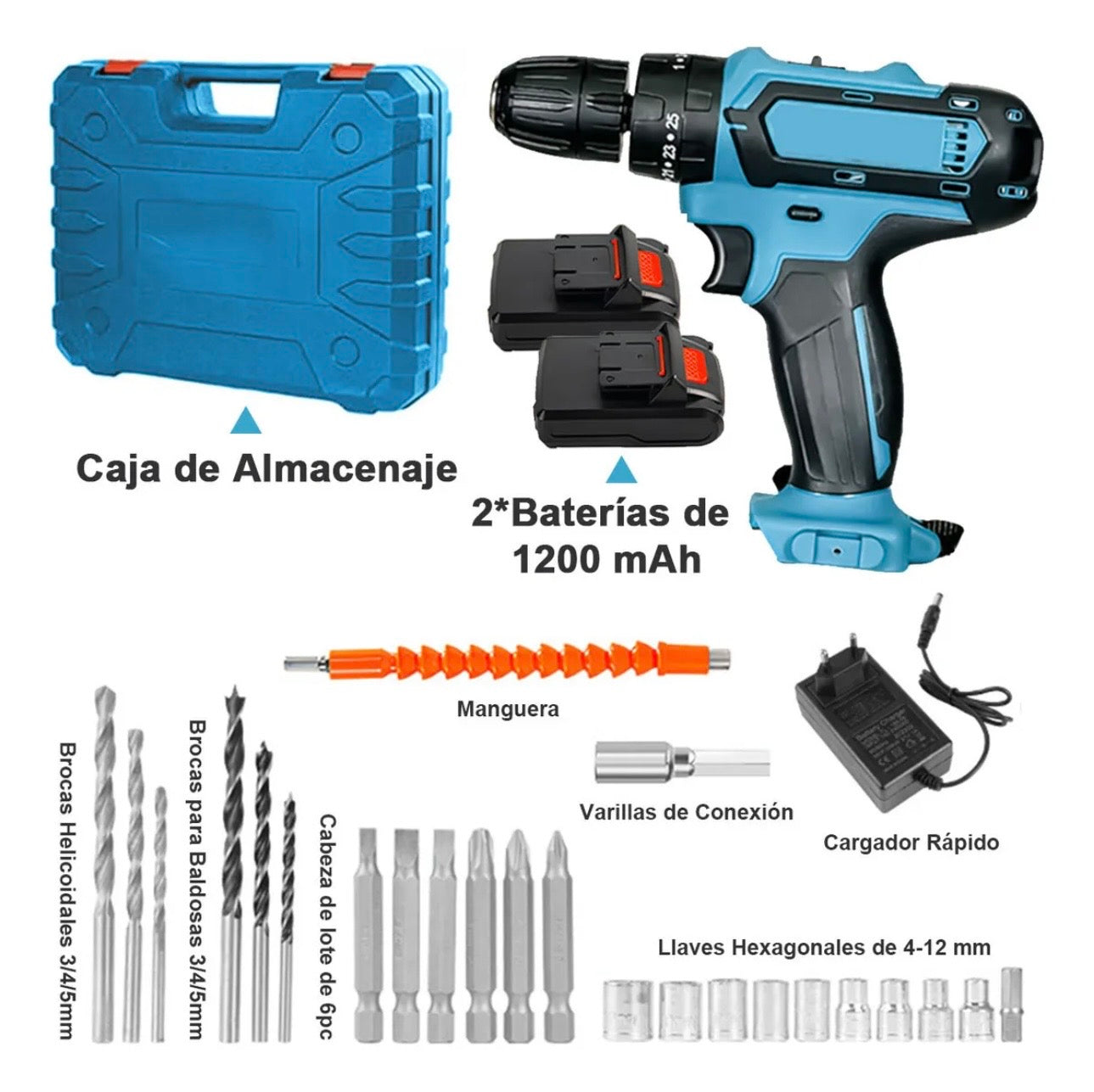 KIT TALADRO ROTOMARTILLO INALÁMBRICO RECARGABLE +2 BATERÍAS Y ACCESORIOS / IDEAL PARA REPARACIONES EN CASA