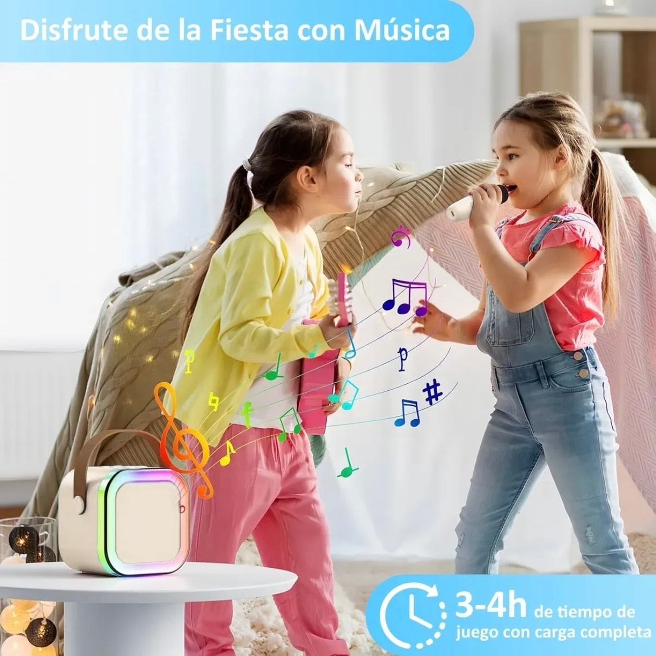 MINI KARAOKE CON 2 MICROFONOS Y LUZ DE COLORES