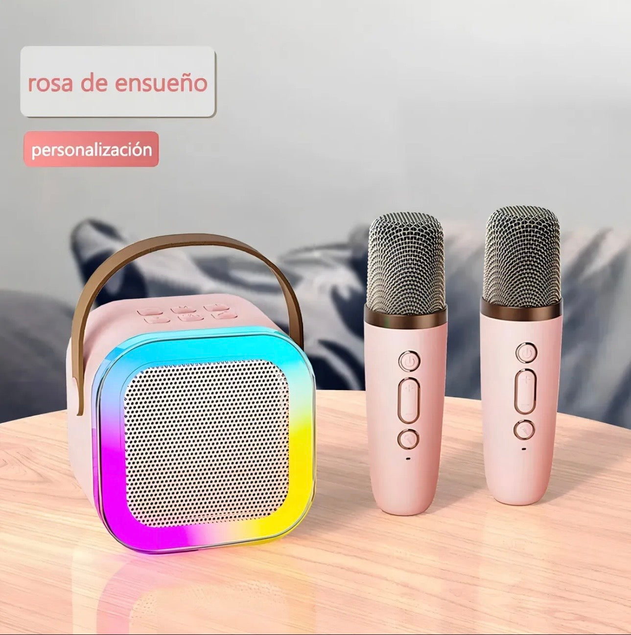 MINI KARAOKE CON 2 MICROFONOS Y LUZ DE COLORES