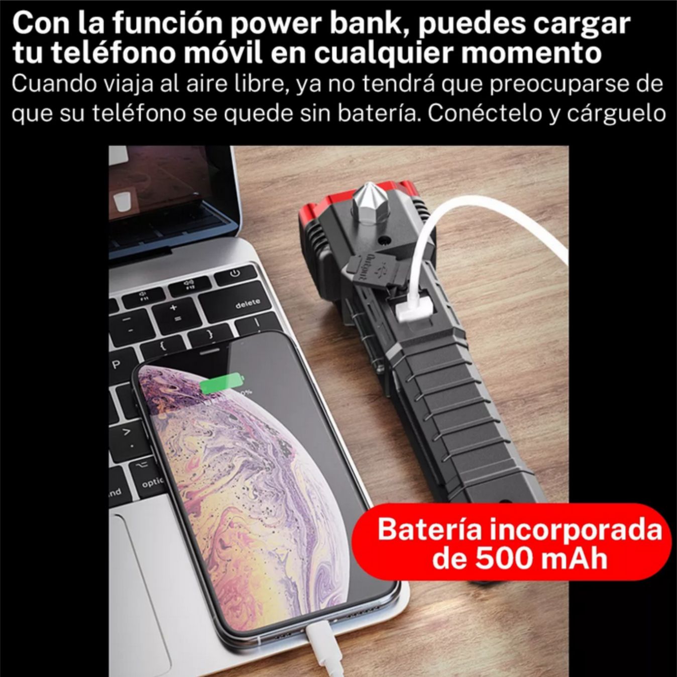 LINTERNA MARTILLO CON IMAN DE SEGURIDAD PARA COCHE, RECARGABLE