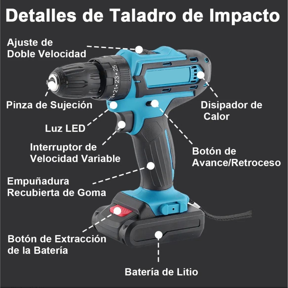 KIT TALADRO ROTOMARTILLO INALÁMBRICO RECARGABLE +2 BATERÍAS Y ACCESORIOS / IDEAL PARA REPARACIONES EN CASA