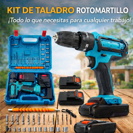 KIT TALADRO ROTOMARTILLO INALÁMBRICO RECARGABLE +2 BATERÍAS Y ACCESORIOS / IDEAL PARA REPARACIONES EN CASA