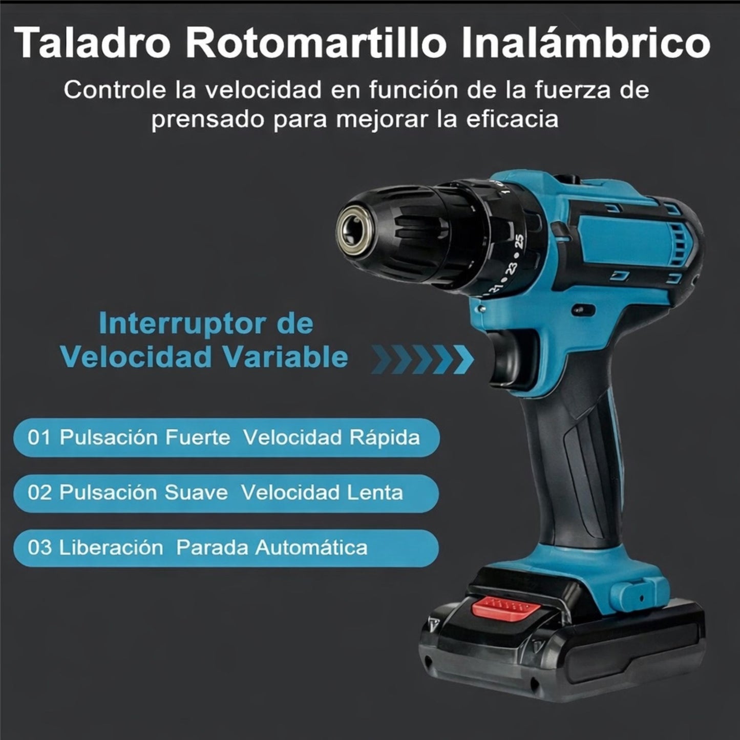 KIT TALADRO ROTOMARTILLO INALÁMBRICO RECARGABLE +2 BATERÍAS Y ACCESORIOS / IDEAL PARA REPARACIONES EN CASA